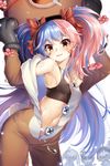  abondz absurdres animal_costume armpits bear_costume beelzebub_(soccer_spirits) blue_hair blush bow breasts death_queen facial_mark flower hair_bow highres kuma_(soccer_spirits) littre long_hair looking_at_viewer mera_(soccer_spirits) multicolored_hair navel open_clothes open_mouth pink_hair red_eyes simple_background small_breasts soccer_spirits solo_focus sports_bra sweat twintails two-tone_hair undressing zipper_pull_tab 