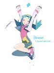 arms_up bike_shorts blue_hair copyright_name crystal_(pokemon) diamond_(shape) grin hat jumping omiya599 pokemon pokemon_(game) pokemon_gsc shoes simple_background smile sneakers twintails white_background 