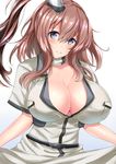  1girl blue_eyes blush breasts brown_hair cleavage dress female gradient_background head_tilt highres kantai_collection large_breasts long_hair long_skirt looking_at_viewer no_bra sankakusui saratoga_(kantai_collection) side_ponytail simple_background skirt smile solo standing upper_body 