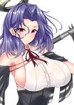  bare_shoulders blush breasts closed_mouth commentary_request gloves hair_intakes highres kantai_collection large_breasts looking_at_viewer mechanical_halo polearm purple_eyes purple_hair remodel_(kantai_collection) sankakusui shiny shiny_hair shiny_skin short_hair sideboob simple_background smile solo tatsuta_(kantai_collection) upper_body weapon white_background 