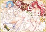  2girls aqua_hair bare_shoulders blue_hair blush breasts bride cleavage flower high_heels huge_breasts large_breasts long_hair looking_at_viewer lying multiple_girls naruse_mio necklace nonaka_yuki on_back ookuma_(nitroplus) purple_eyes red_hair shinmai_maou_no_testament short_hair smile thighhighs thighs tiara veil wedding_dress white_dress white_gloves white_legwear wine yellow_eyes 