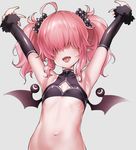 armpits arms_up black_scrunchie breasts cleavage_cutout demon_wings facing_viewer fangs grey_background hair_ornament hair_over_eyes hair_scrunchie hizuki_akira navel open_mouth original outstretched_arms pink_hair pointy_ears polka_dot polka_dot_scrunchie revision scrunchie simple_background small_breasts smile solo tongue turtleneck twintails upper_body vampire wings 