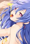  blue_hair dripping eating eyebrows_visible_through_hair from_side head_tilt highres honey iris_heart iwasi-r kami_jigen_game_neptune_v long_hair looking_at_viewer looking_back neptune_(series) open_mouth pink_eyes power_symbol solo symbol-shaped_pupils upper_body 