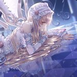 angel angel_wings bangs bare_shoulders blonde_hair cecil86 cropped detached_sleeves eyebrows_visible_through_hair hairband highres lolita_hairband long_hair looking_at_viewer lying on_stomach original profile reflection sleeveless solo wings yellow_eyes 