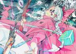  arrow bad_id bad_pixiv_id blue_eyes bow bow_(weapon) braid cape closed_mouth cube dutch_angle eyebrows eyebrows_visible_through_hair facial_mark flower frown hair_bow holding holding_arrow holding_bow_(weapon) holding_weapon long_hair long_sleeves marker_(medium) pants pink_bow pink_cape pink_pants pink_shirt quiver shirt shooting_flower sideways_mouth solo specialist_(shooting_flower) suraba teardrop traditional_media tsurime twin_braids weapon white_hair 