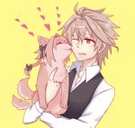  1boy ahoge animal bangs black_ribbon braid brown_hair dog eyebrows_visible_through_hair face_licking fate/apocrypha fate_(series) fokwolf hair_between_eyes hair_ornament hair_ribbon heart holding_animal licking long_braid long_sleeves looking_at_another male_focus one_eye_closed red_eyes ribbon shirt short_hair sieg_(fate/apocrypha) single_braid solo tongue tongue_out waistcoat white_shirt yellow_background 