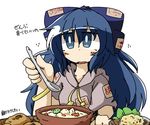  amura_(artist) blue_bow blue_eyes blue_hair bow bracelet debt food hair_bow hood hoodie jewelry long_hair open_mouth spoon touhou yorigami_shion 