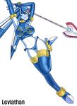  1girl arm_behind_head arm_over_head armpits arms_up blue_eyes bodysuit breasts capcom character_name full_body heels helmet high_heels holding holding_spear holding_weapon large_breasts leviathan_(rockman) looking_at_viewer looking_down one_leg_raised rockman rockman_zero simple_background solo spear thigh_boots thighhighs weapon white_background 