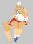  anthro big_breasts boosterpang breasts canine clothing dog dogmom female hat huge_breasts mammal overweight saluki school_uniform sitting smile solo uniform voluptuous 