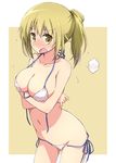  :o bangs bikini blonde_hair blush breasts cleavage collarbone commentary_request covered_nipples cowboy_shot crossed_arms embarrassed eyebrows_visible_through_hair flying_sweatdrops groin hair_tie ichii_yui large_breasts long_hair looking_at_viewer mel_(melty_pot) navel nose_blush open_mouth ponytail side-tie_bikini sidelocks solo speech_bubble spoken_blush standing stomach sweat swimsuit two-tone_background untied untied_bikini white_bikini yellow_eyes yuyushiki 