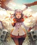  bangs blunt_bangs chobi_(sakuyasakuhana) cowboy_shot feathered_wings fur_collar gloves gradient_hair head_wings japanese_crested_ibis_(kemono_friends) kemono_friends long_hair long_sleeves looking_at_viewer miniskirt multicolored_hair open_mouth outdoors pantyhose red_gloves red_hair red_legwear red_ribbon red_skirt ribbon skirt sky solo speaker standing tail white_coat white_hair wings yellow_eyes 