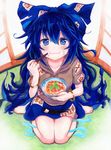 bangle bare_legs barefoot blue blue_bow blue_eyes blue_hair blue_skirt blush bow bowl bracelet chopsticks closed_mouth commentary_request debt drawstring eating fisheye food food_on_face from_above full_body hair_between_eyes hand_up heart heart-shaped_pupils highres holding hood hoodie indoors jewelry kittona long_hair looking_at_viewer looking_up meat millipen_(medium) perspective rice sitting skirt smile solo stuffed_animal stuffed_cat stuffed_toy symbol-shaped_pupils tatami touhou traditional_media very_long_hair wariza watercolor_(medium) watercolor_pencil_(medium) yorigami_shion 