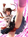  ahoge arm_up blurry breasts brown_eyes brown_hair clenched_hands commentary_request depth_of_field fingerless_gloves gloves headband high-waist_skirt kasugano_sakura kicking large_breasts leg_up long_sleeves looking_at_viewer necktie open_mouth petals shirt shorts shorts_under_skirt skirt smile solo street_fighter street_fighter_v tomoyohi white_background white_shirt 