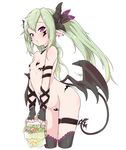  arched_back bare_shoulders basket black_gloves black_horns black_legwear black_ribbon black_tail black_wings blush borrowed_character breasts commentary cropped_legs demon_girl demon_horns demon_tail demon_wings done_(donezumi) earrings fingerless_gloves flower gloves hair_ribbon holding horns jewelry lace lace-trimmed_thighhighs leaning_forward light_green_hair long_hair looking_at_viewer navel original pasties pink_eyes pointy_ears revealing_clothes ribbon ryisu_(deluxe&lt;&lt;&lt;) simple_background slit_pupils small_breasts solo tail thigh_strap thighhighs v_arms white_background wings 