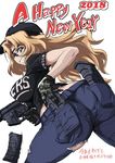  2018 arm_behind_back ass baseball_cap black_gloves black_hat black_shirt blonde_hair blue_eyes blue_pants breasts clothes_writing commentary_request cowboy_shot english from_behind gemu555 girls_und_panzer gloves goggles grin gun happy_new_year hat holding holding_gun holding_weapon kay_(girls_und_panzer) large_breasts leaning_forward long_hair looking_at_viewer looking_back machine_gun magazine_(weapon) new_year pants pantylines print_shirt shirt smile solo standing t-shirt torn_clothes torn_pants translation_request trigger_discipline weapon weapon_request white_background 