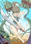  bad_id bad_pixiv_id barefoot battle brown_eyes brown_hair bruise day food foreshortening fruit full_body hair_ornament hair_scrunchie highres injury katana melon monster open_mouth original outdoors ponytail red_scrunchie school_swimsuit scrunchie swimsuit sword toes torn_clothes torn_swimsuit tuskryo weapon 