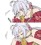  ahoge bare_shoulders chin_rest closed_eyes collarbone comic commentary dl eating food food_on_face fork grey_hair hair_ribbon long_hair motion_lines noodles one_eye_closed pink_ribbon purple_eyes ribbon senki_zesshou_symphogear silver_hair sketch white_background yukine_chris 