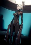  absurdres asajj_ventress bad_id bad_pixiv_id black_bodysuit blue_eyes bodysuit breasts cameltoe covered_nipples facial_mark highres john_doe latex lips looking_up medium_breasts navel parted_lips robe short_hair skin_tight standing star_wars undressing white_hair 