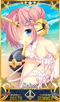  1girl bare_shoulders beach berserker_of_black blue_eyes cleavage eating fate/apocrypha fate/grand_order fate_(series) food horn looking_at_viewer medium_hair red_hair servant_card tagme water 