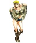  arms_up boots bracelet breasts brown_eyes brown_hair cleavage cowboy_boots eyebrows_visible_through_hair fringe_trim full_body hat jewelry katrina_company large_breasts midriff navel official_art short_hair short_shorts shorts solo standing super_robot_wars super_robot_wars_x-omega tank_top transparent_background watanabe_wataru 