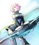  1girl armor bangs bare_shoulders black_armor black_gloves breasts butano_(star-dust_boxxx) elbow_gloves fate/grand_order fate_(series) gloves hair_over_one_eye highres holding_shield mash_kyrielight medium_breasts open_mouth purple_eyes purple_hair shield short_hair solo teeth thighhighs turtleneck 