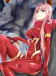  aqua_eyes artist_name bangs blush bodysuit breasts closed_mouth commentary covered_navel covered_nipples darling_in_the_franxx eyebrows_visible_through_hair hairband hand_on_own_thigh highres horns lips long_hair looking_at_viewer medium_breasts pilot_suit pink_hair red_bodysuit rei_kun shiny shiny_clothes shiny_hair shiny_skin sitting skin_tight smile solo watermark web_address white_hairband zero_two_(darling_in_the_franxx) 