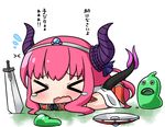  &gt;_&lt; armor armored_boots bangs black_gloves blue_ribbon blush boots cape chibi closed_eyes commentary_request curled_horns dragon_girl dragon_horns dragon_tail elizabeth_bathory_(brave)_(fate) elizabeth_bathory_(fate)_(all) eyebrows_visible_through_hair facing_viewer fate/grand_order fate_(series) flying_sweatdrops gloves hair_ribbon hana_kazari horns knee_boots long_hair lying on_stomach open_mouth pauldrons pink_hair red_footwear ribbon shield silver_trim slime solo sword tail tail_raised tears tiara translation_request vambraces very_long_hair wavy_mouth weapon white_background white_cape 
