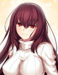  absurdres bangs breasts eyebrows_visible_through_hair fate/grand_order fate_(series) hair_intakes highres large_breasts long_hair looking_at_viewer parted_lips purple_hair red_eyes ribbed_sweater scathach_(fate)_(all) scathach_(fate/grand_order) smile solo sweater teeth turtleneck turtleneck_sweater upper_body yoshida_takuma 