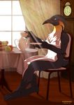  aledonrex apple avian beverage bird blue_eyes clock detailed_background emperor_penguin food fruit jack_gloster_(character) looking_at_viewer male penguin sitting solo tea 