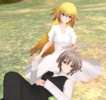  1boy 1girl 3d ahoge bangs black_pants blonde_hair blush breasts brown_hair couple dress fate/apocrypha fate_(series) grass hand_on_another&#039;s_head hetero holding_hand jeanne_d&#039;arc_(fate) jeanne_d&#039;arc_(fate)_(all) large_breasts long_hair long_sleeves looking_at_viewer lying_on_person pants purple_eyes red_eyes ruler_(fate/apocrypha) sansei_gomesu shirt short_hair sieg_(fate/apocrypha) sitting very_long_hair waistcoat white_dress white_shirt 