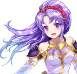  1girl :d armpits bare_shoulders blush breasts detached_sleeves dress fire_emblem fire_emblem:_seisen_no_keifu jewelry jurge long_hair looking_at_viewer medium_breasts nintendo open_mouth ponytail purple_eyes purple_hair simple_background smile solo strapless strapless_dress tiltyu_(fire_emblem) upper_body white_background 