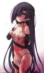  black_hair blush breasts covering_nipples eyepatch fate/grand_order fate_(series) fishnet_swimsuit hair_over_one_eye hands_on_own_chest long_hair mochizuki_chiyome_(fate/grand_order) navel one-piece_swimsuit purple_eyes small_breasts solo stroma swimsuit tattoo very_long_hair 