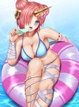  1girl alternate_breast_size armpits berserker_of_black blue_eyes blush breasts cleavage fate/apocrypha fate/grand_order fate_(series) horn ice_cream large_breasts looking_at_viewer medium_hair navel red_hair swimsuit tagme water 