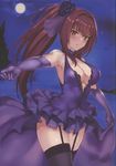  absurdres bangs bare_shoulders blush breasts cleavage dress elbow_gloves eyebrows_visible_through_hair fate/grand_order fate_(series) garter_straps gloves hair_ornament highres jirusu large_breasts long_hair looking_at_viewer moon night night_sky outstretched_arms ponytail purple_dress purple_hair red_eyes scan scathach_(fate)_(all) scathach_(fate/grand_order) side_ponytail skirt_hold sky sleeveless solo 