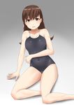  30-06 breasts brown_eyes brown_hair competition_school_swimsuit grey_background highres kantai_collection long_hair looking_at_viewer medium_breasts one-piece_swimsuit ooi_(kantai_collection) open_mouth school_swimsuit sitting solo swimsuit 