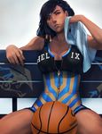  ball basketball bench black_hair bodysuit breasts brown_eyes cleavage collarbone dark_skin eye_of_horus facial_tattoo hair_tubes head_tilt lips medium_breasts meirii nose overwatch pharah_(overwatch) sitting solo sportswear sweat tattoo towel unzipped 