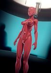  absurdres asajj_ventress bad_id bad_pixiv_id blindfold bodysuit breasts corruption emperor's_royal_guard gagged highres john_doe latex medium_breasts red_bodysuit shiny shiny_clothes short_hair skin_tight standing star_wars 