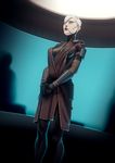  absurdres asajj_ventress bad_id bad_pixiv_id bandages black_bodysuit blue_eyes bodysuit breasts cleavage closed_mouth facial_mark gloves highres john_doe latex lips medium_breasts robe short_hair sideboob skin_tight standing star_wars white_hair 