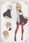  absurdres bangs blonde_hair braid breasts eyebrows_visible_through_hair fate/extra fate/grand_order fate_(series) french_braid full_body green_eyes high_heels highres lips long_sleeves looking_at_viewer medium_breasts meme_attire multiple_views nero_claudius_(fate) nero_claudius_(fate)_(all) oneko red_legwear scan shirt simple_background skirt skirt_hold smile standing strappy_heels virgin_killer_outfit white_shirt wide_sleeves 
