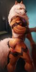  anthro arcanine balls_outline bulge butt clothing hair hungrypaws jockstrap male muscular muscular_male nintendo pecs pok&eacute;mon pok&eacute;mon_(species) solo standing tattoo underwear video_games 