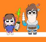  :3 absurdres belt bkub_(style) black-framed_eyewear blue_gloves bodysuit boots brown_eyes brown_hair closed_mouth coat commentary d.va_(gremlin) d.va_(overwatch) eyebrows_visible_through_hair facial_mark fur_trim glasses gloves grey_footwear hair_bun hair_ornament hairpin headphones highres holding ice_cream_cone kion-kun long_sleeves looking_at_viewer mei_(overwatch) monster_energy multiple_girls orange_background overwatch poptepipic pouch simple_background veins white_gloves winter_clothes winter_coat 