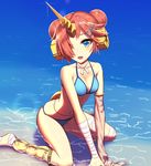  ankle_wrap bandaged_arm bandaged_leg bandages barefoot bikini blue_bikini blue_eyes blush breasts cleavage detached_sleeves double_bun eyebrows_visible_through_hair fate/grand_order fate_(series) frankenstein's_monster_(fate) frankenstein's_monster_(swimsuit_saber)_(fate) hair_over_one_eye heterochromia highres horn kuroshiro_(ms-2420) medium_breasts navel ocean partially_submerged pink_hair shore short_hair single_detached_sleeve smile solo swimsuit v_arms water yellow_eyes 