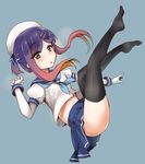  black_legwear blue_background blue_neckwear blue_ribbon blue_skirt full_body gloves gradient_hair hat highres kantai_collection legs_up looking_at_viewer minase_(takaoka_nanase) multicolored_hair neckerchief orange_hair pleated_skirt puffy_short_sleeves puffy_sleeves purple_eyes purple_hair ribbon school_uniform serafuku short_hair short_sleeves sidelocks simple_background skirt solo thighhighs tied_hair tsushima_(kantai_collection) white_gloves 