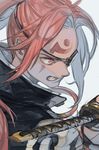  baiken bangs blue_background clenched_teeth eyepatch facial_mark forehead_mark from_side guilty_gear guilty_gear_xrd hankuri holding holding_sword holding_weapon katana long_hair parted_bangs pink_eyes pink_hair ponytail sideways_mouth simple_background solo sword teeth upper_body weapon 
