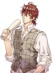  cheese_kang claudia_hodgins cowboy_shot facial_hair looking_at_viewer ponytail red_hair scroll shirt sleeves_rolled_up stubble vest violet_evergarden 