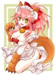  animal_ears apron asymmetrical_legwear bell bell_collar blush breasts cat_hair_ornament cat_paws cleavage collar collarbone commentary_request covered_nipples fangs fate/grand_order fate_(series) fox_ears fox_tail gloves hair_ornament jingle_bell large_breasts long_hair looking_at_viewer maid_headdress naked_apron open_mouth pastachiiiiin paw_gloves paw_shoes paws pink_hair ponytail seiza shoes sitting solo tail tamamo_(fate)_(all) tamamo_cat_(fate) thighhighs white_legwear yellow_eyes 