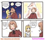  ! &lt;3 4koma anthro anthro_to_human beauty_and_the_beast blue_eyes blush canine chest_fur clothing comic crown dialogue dress duo english_text female full_moon greenteaneko hi_res human humor kissing male mammal moon night outside tears text tiara toony transformation 
