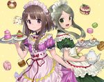  alternate_costume ama-tou apron bangs blunt_bangs brown_hair closed_mouth commentary_request cookie cup dress enmaided eyebrows_visible_through_hair food frilled_apron frills fruit green_dress green_eyes green_hair hand_up holding looking_at_viewer macaron maid maid_headdress multiple_girls nishida_satono open_mouth parted_bangs pink_dress purple_eyes saucer short_hair_with_long_locks short_sleeves simple_background smile strawberry tea teacup teapot teireida_mai touhou tray waist_apron yellow_eyes 