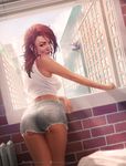  1girl ass blinds blue_eyes breasts brick_wall building clenched_hand closed_mouth commentary day denim denim_shorts dutch_angle earrings freckles from_behind highres jewelry krystopher_decker long_hair looking_back marvel mary_jane_watson medium_breasts messy_hair midriff outstretched_arm realistic red_hair shirt short_shorts shorts smile spider-man spider-man_(series) standing tank_top watermark web_address white_shirt window 