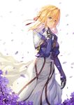  blonde_hair blue_eyes braid buckle dress flower hand_on_own_chest mechanical_arms petals riko_(ccllnnhh) skirt solo violet_evergarden violet_evergarden_(character) 